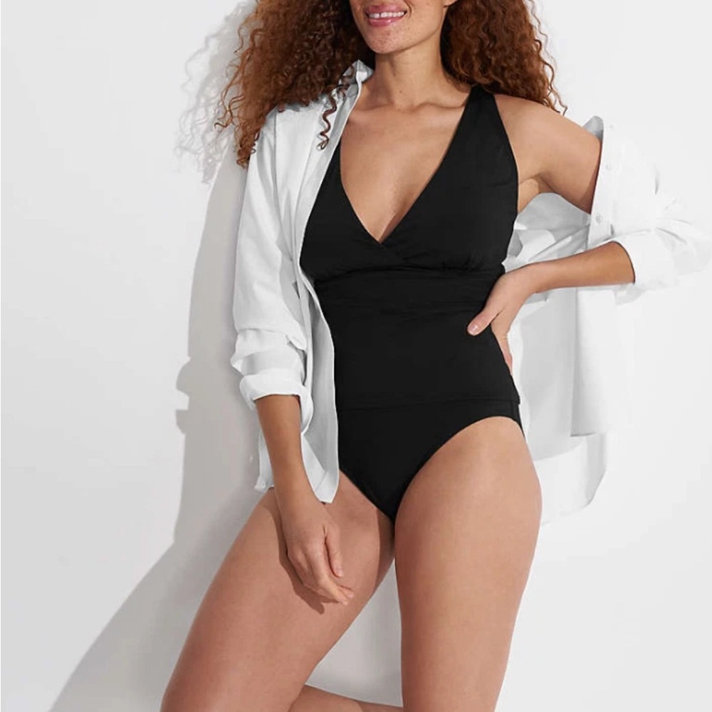 Lands End V Neck Women’s Tankini Swim Top Black 12 Thick Strap